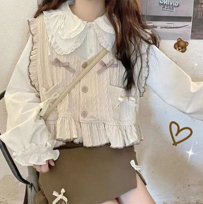 Cute Cream Little Bows Vest & Doll Collar White Blouse Shirt Two Piece Set