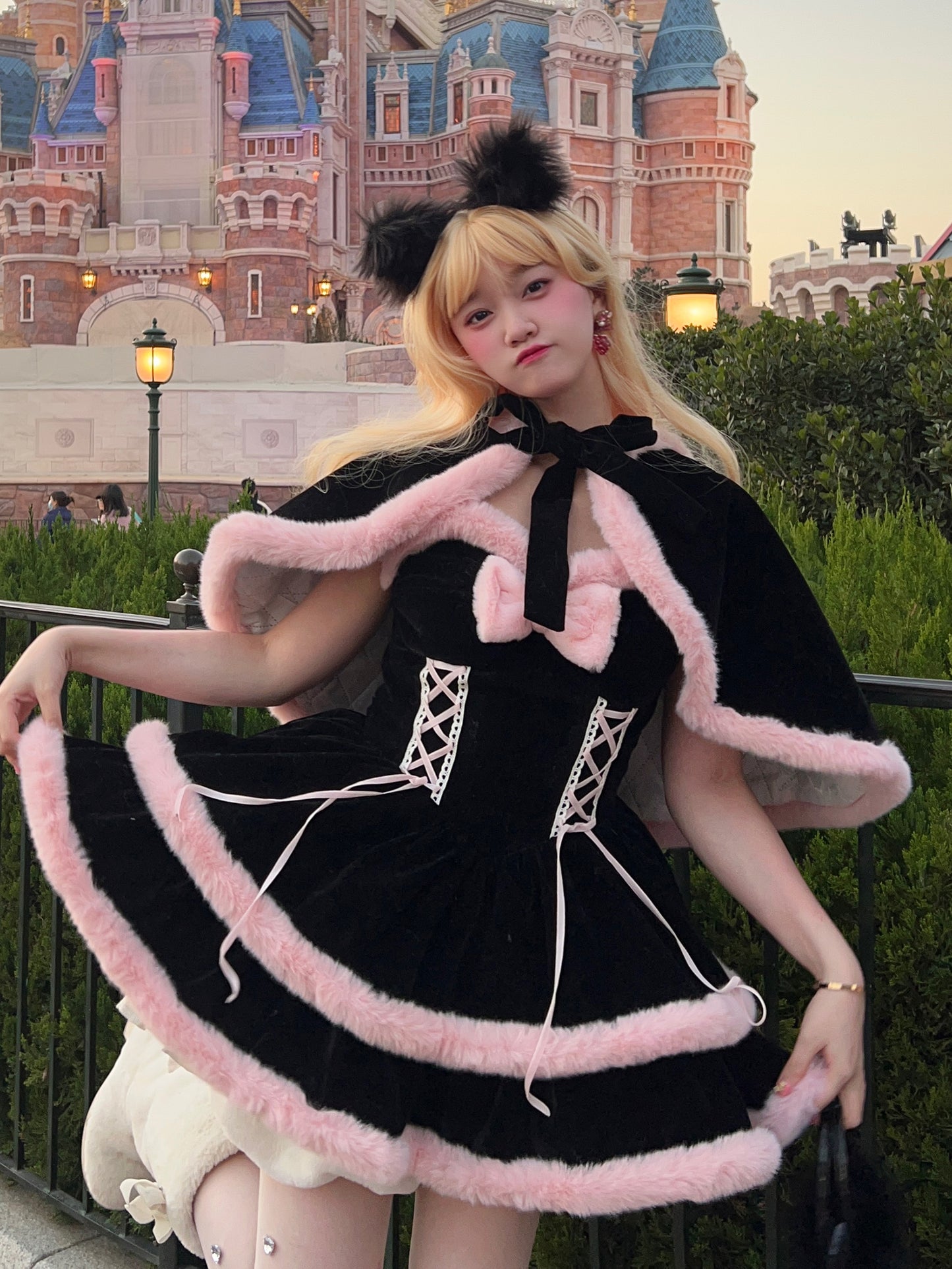 Picnic Girl Winter Sweet Black Pink Ruffled Strap Dress & Rabbit Ears Hooded Cape Cloak Two Piece Set