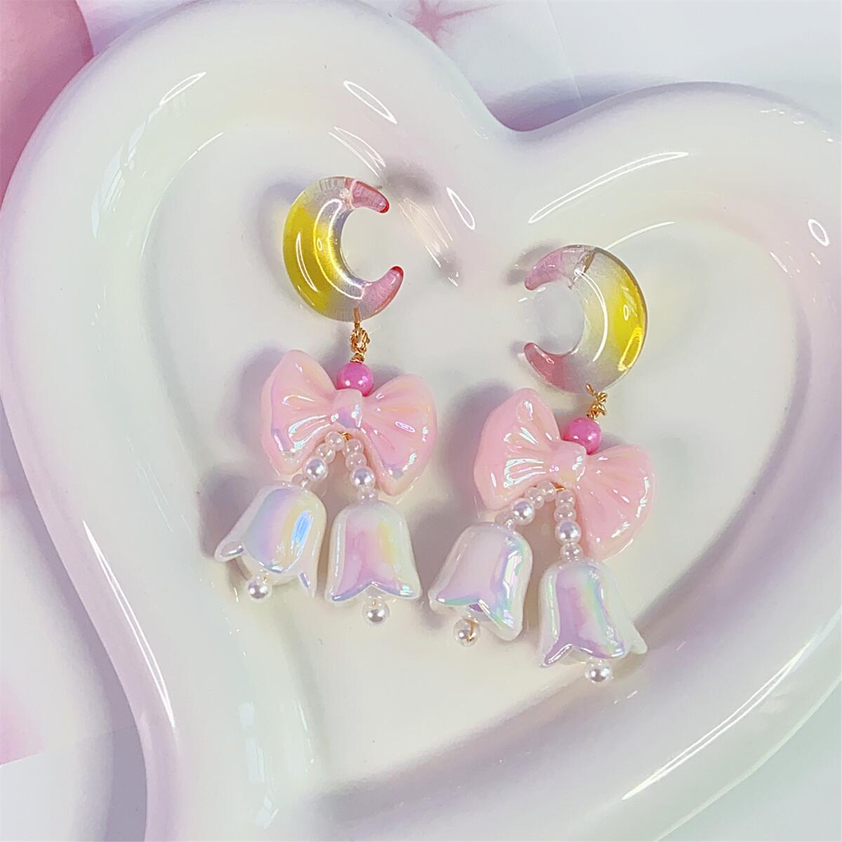 Jelly Crescent Moon Bow Cute Sweet Earrings