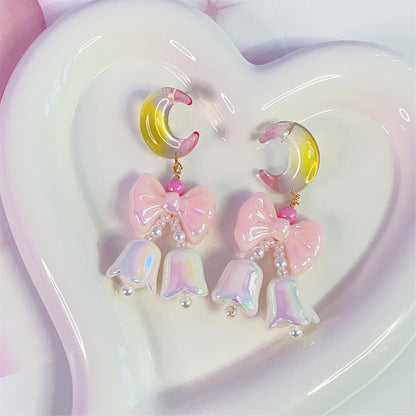 Jelly Crescent Moon Bow Cute Sweet Earrings