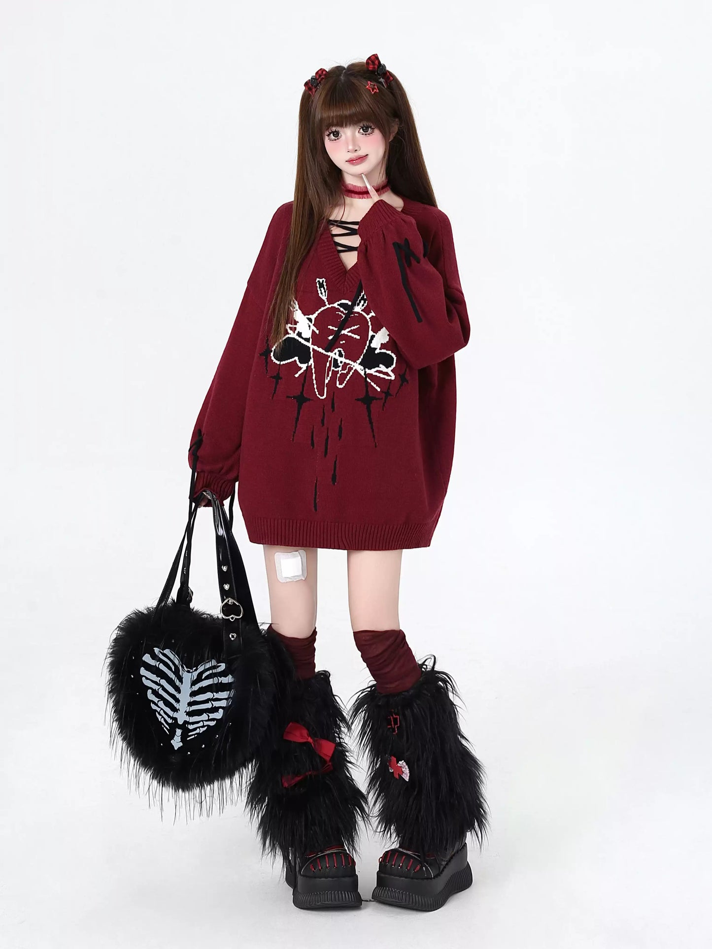 Crazy Girl Lovelorn Club Tooth Fairy Red Black White Knit Sweater