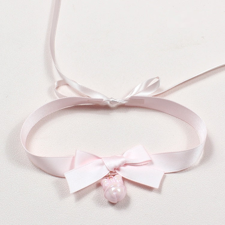 Lolita EGL White Plush Pink Bow Cat Neko Bell Collar Necklaces Choker