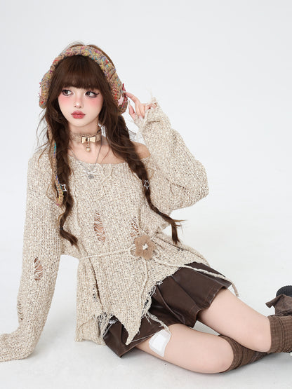 Crazy Girl Early Autumn Brown Cream Ripped Knit Sweater Top