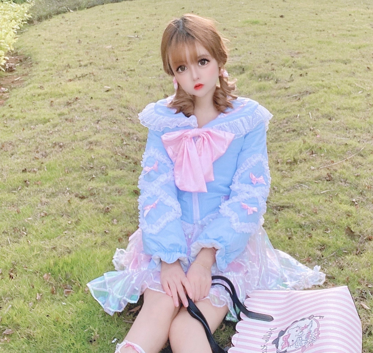 Candy Fairy Sailor Collar Ruffled Blue Pink Black Bow Winter Jacket