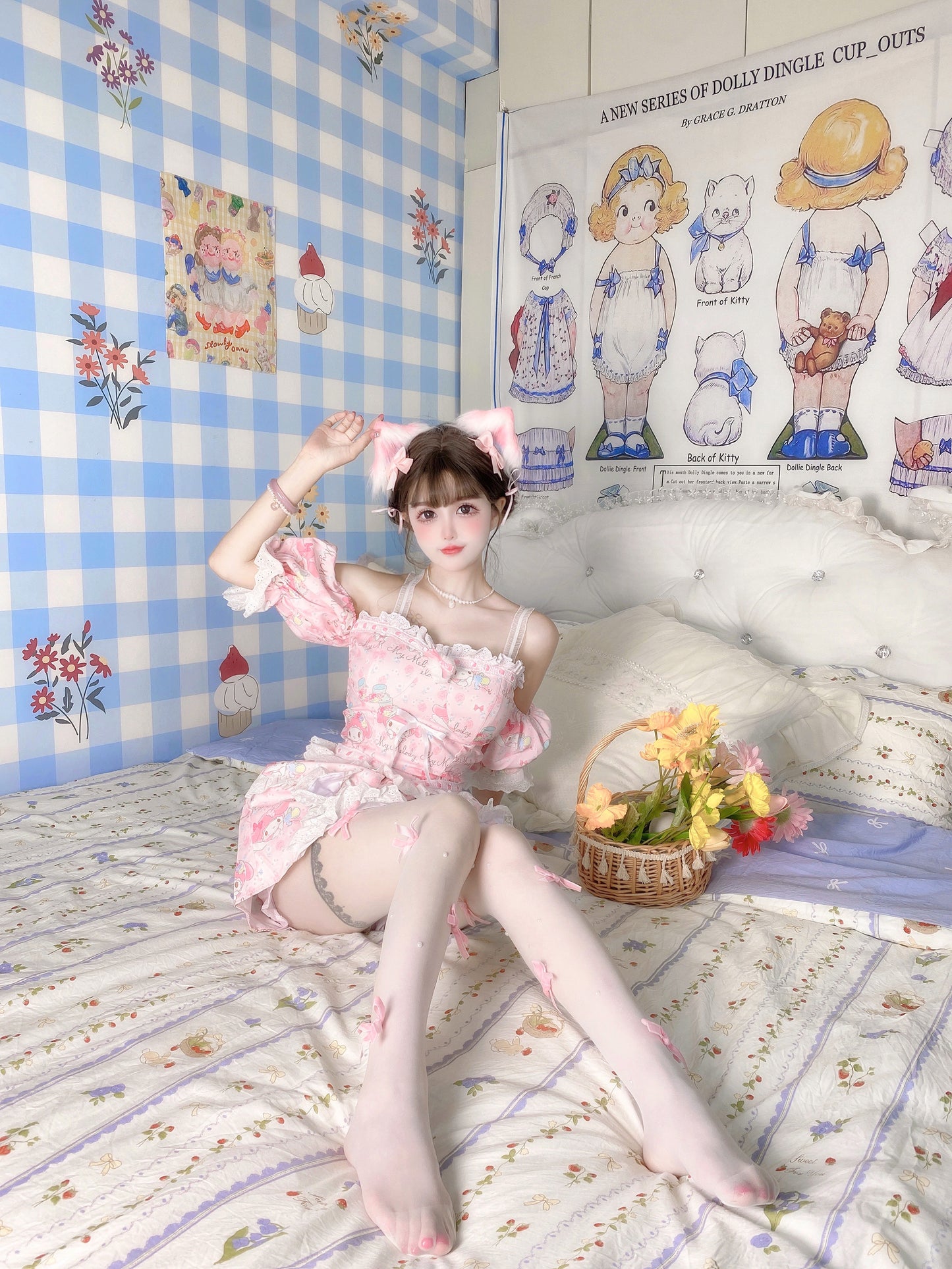 Candy Fairy Pink Melody Cartoon Camisole Puff Sleeve Top & Skirt Pajamas Two Piece Set