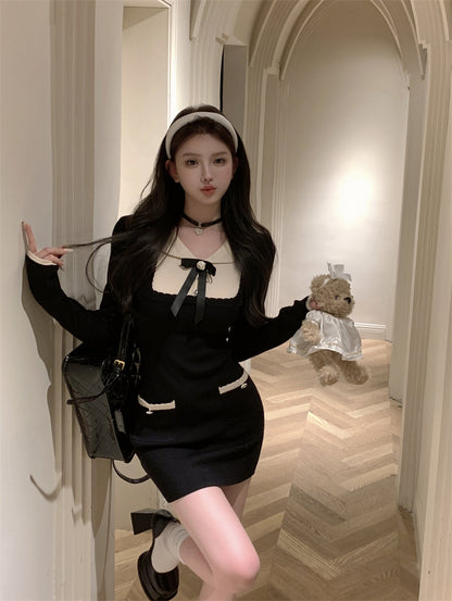 Lady Luxury Chic Autumn Winter Bow Knit Black Dress