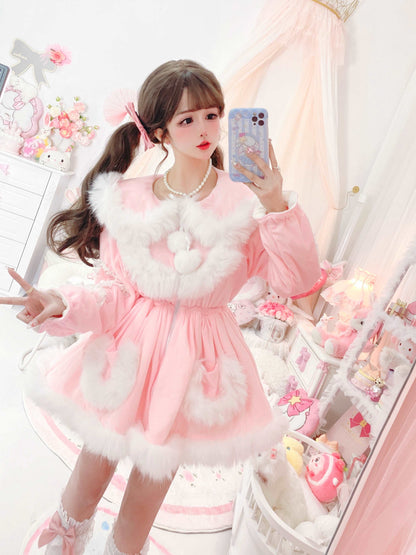 Candy Fairy Pink & White Pastel Princess Fur Plush Velvet Thick Jacket Coat Dress