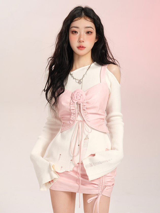 Lucia Lady Sweet Rose Autumn White Sweater & Pink Camisole Vest & Skirt Three Piece Set