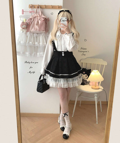 Dormir Doll Love Heart Buttons Black Pink Blue Lace Ruffled Suspender Skirt