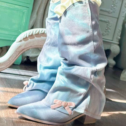 Pinky Blue Purple Coquette Style Bow Retro Denim Western Boots