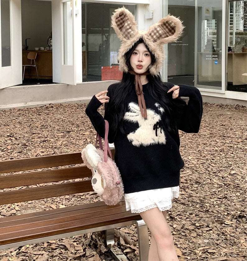 Cream Rabbit Bow Faux Fluffy Autumn Winter Black Pullover Sweater