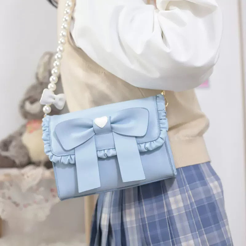 Cute Pearl Chain Bow Bowknot Red Blue White Messenger Bag