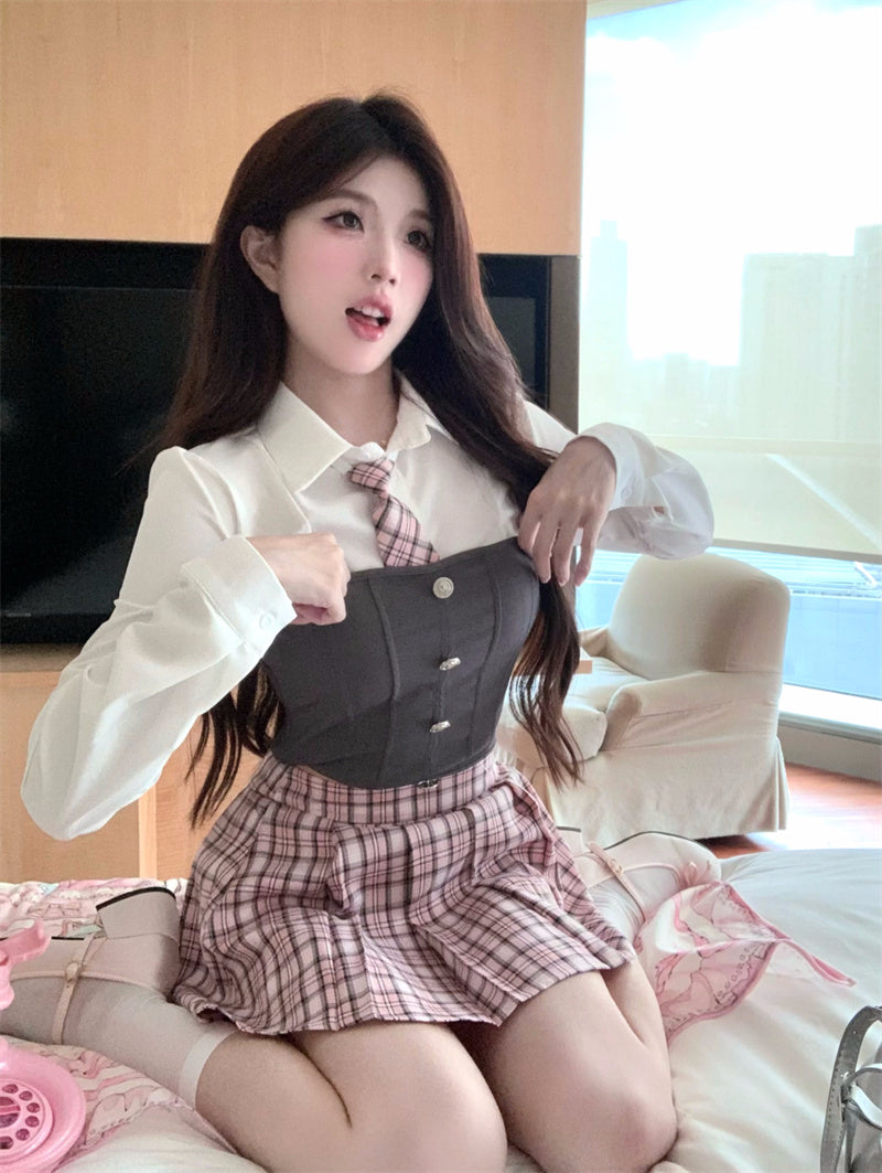 Student College Style Shirt Vest Pink Plaid Tie Pleated Skirt Two Piece Set