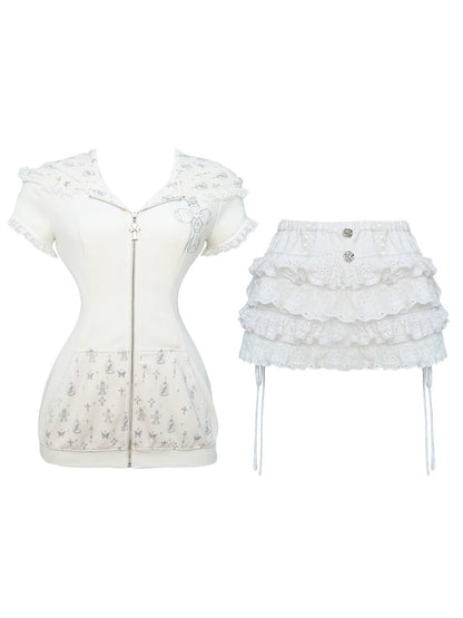 Serendipity Cross Rabbit White Hoodie & Skirt Two Piece Set