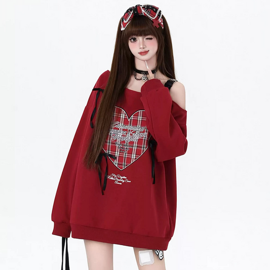 Crazy Girl Heart Plaid Black White Red Off Shoulder Sweater