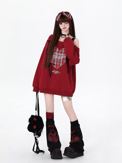 Crazy Girl Heart Plaid Black White Red Off Shoulder Sweater