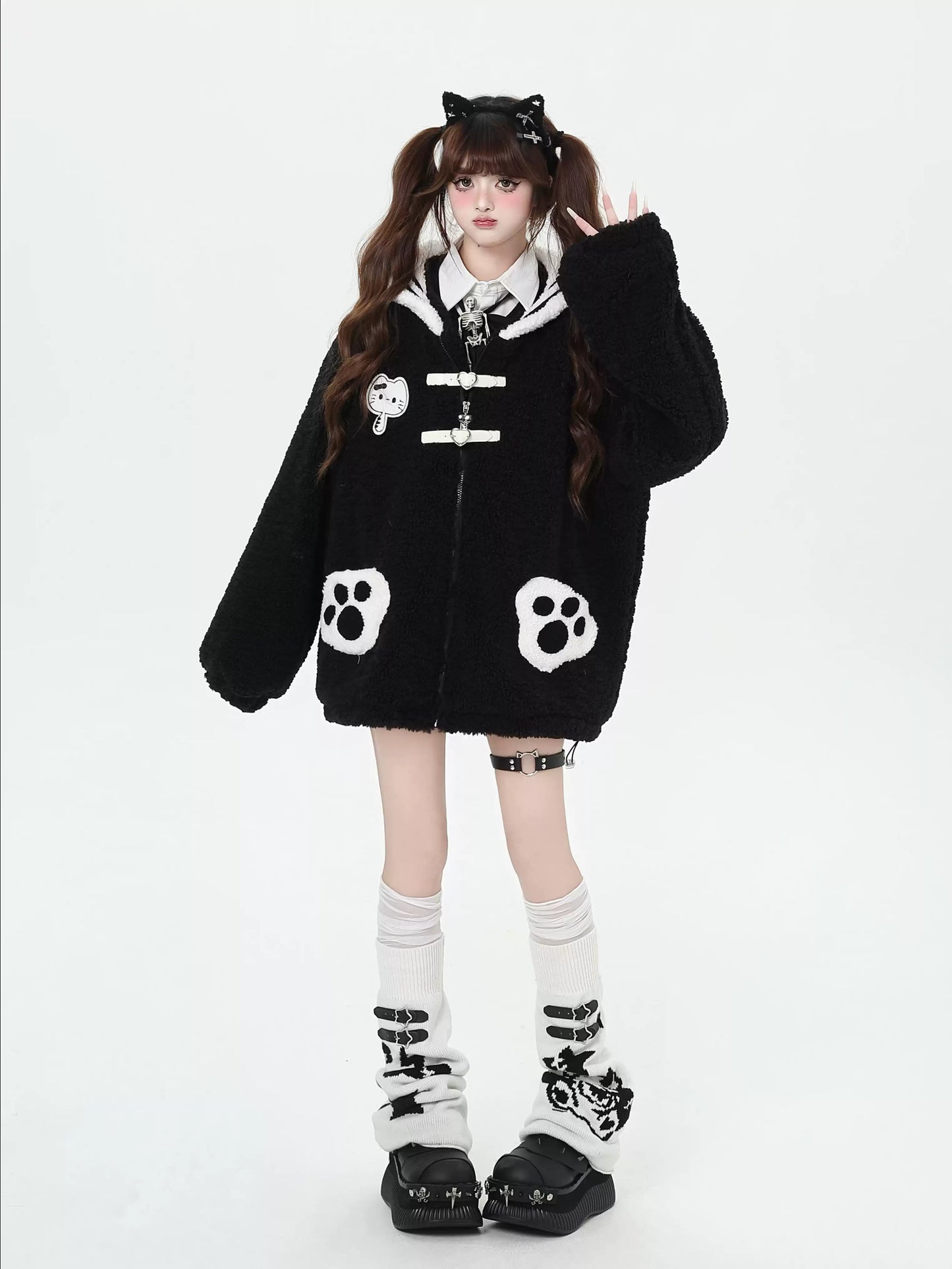 Crazy Girl Kitty Cat Claw Black Pink Plush Jacket