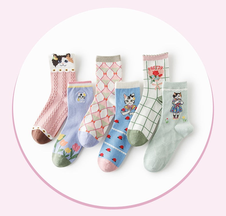 Cute Calico Cat Colorful Cotton Socks 6 Patterns Pairs Sets