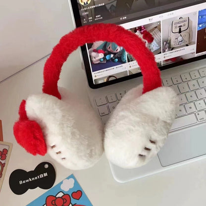 Cute Kitty Cat Red Pink White Plush Winter Earmuffs