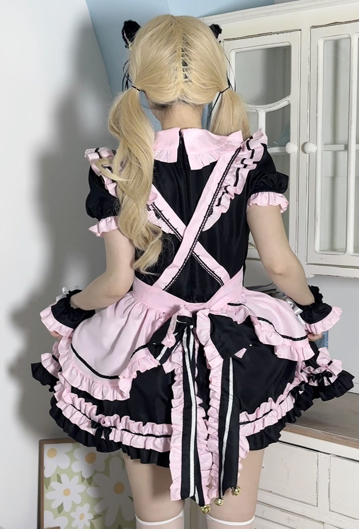 Serendipity Cute Pink Black Lolita Cosplay Ruffle Maid Dress