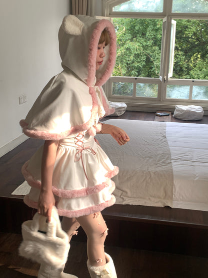 Picnic Girl White Pink Winter Ruffled Strap Dress & Bear Ears Hooded Cloak Cape Two Piece Set