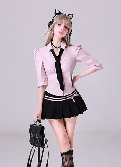 Kiki Academia Anime Senior Pink Blue Gray Shirt Top & Skirt Two Piece Set