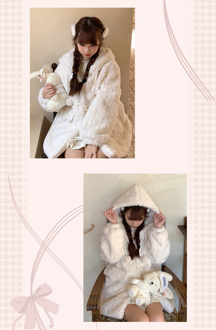 Velvet Winter Cute Plush Hooded Woolen White Coat