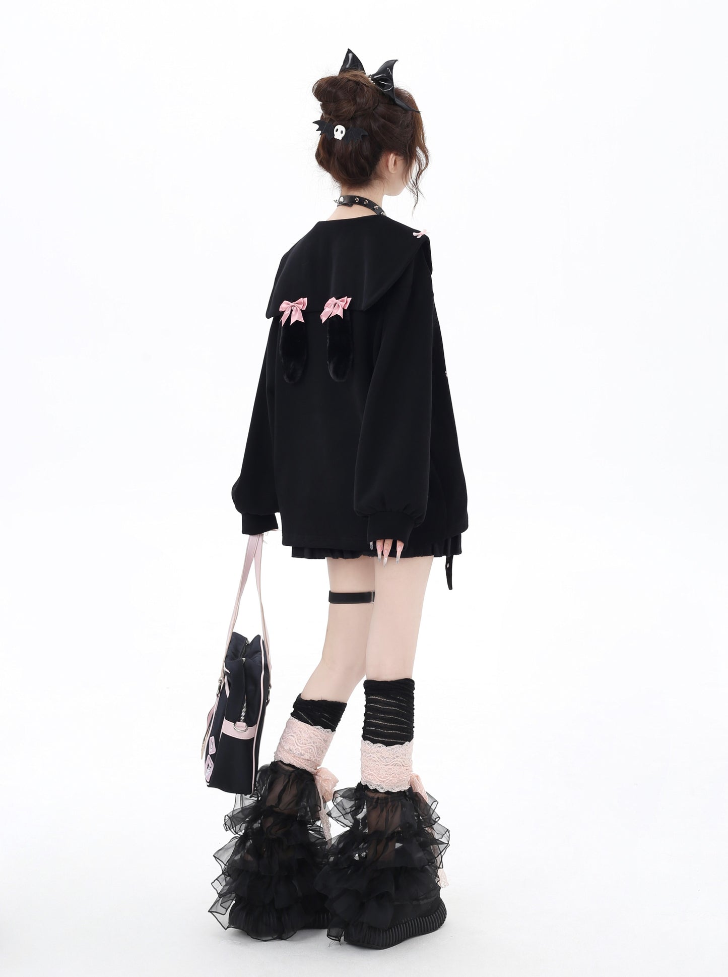 Crazy Girl Dream Ballet Cherry Pink Black Sailor Collar Sweater