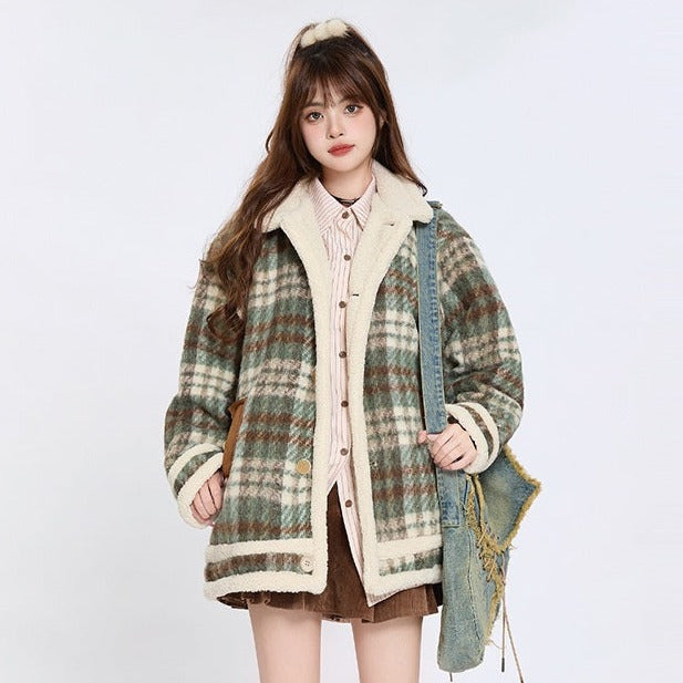 Retro Brown Green Plaid Fall Winter Woolen Cotton Jacket