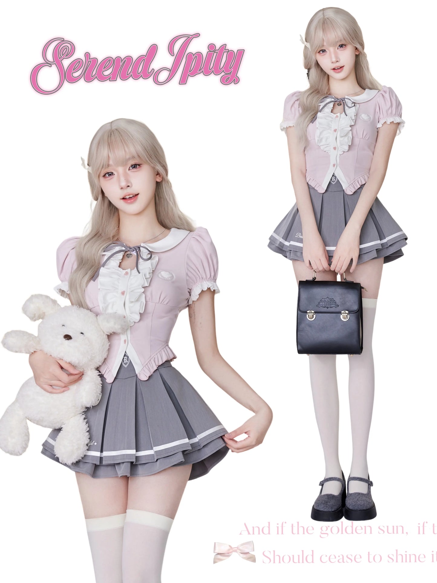 Serendipity Korean Academy Pink Top & Gray Pleated Skirt Two Piece Set