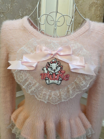 Sweetheart Princess Winter Marie Cat Pink Fuzzy Cropped Sweater & White Ruffled Skirt Two Piece Set