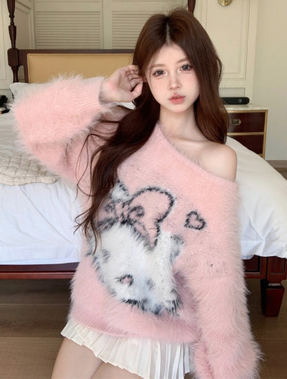 Kitty Cartoon Faux Fluffy Autumn Winter Black Pink Pullover Sweater