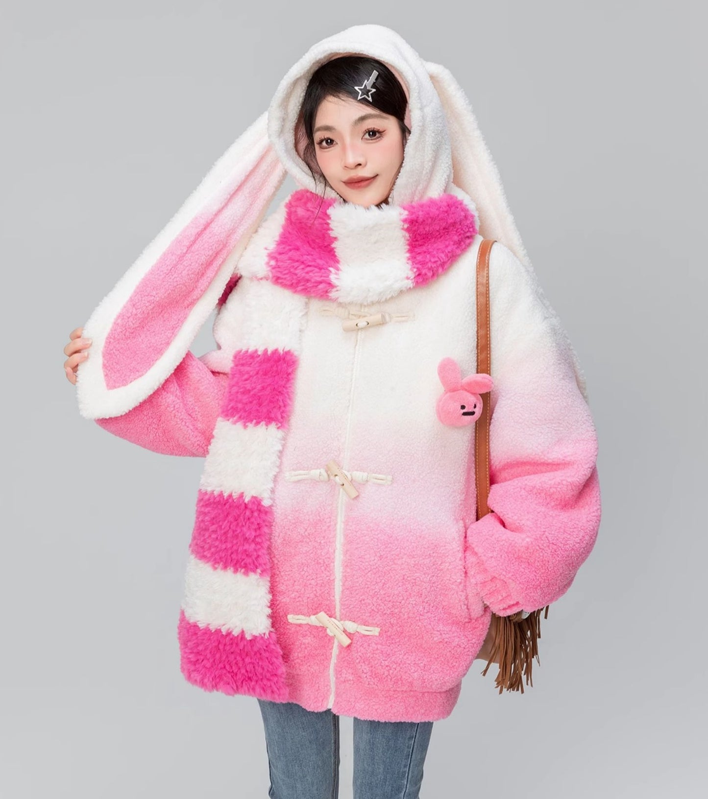 Lamb Gradient Pink White Hooded Jacket Winter Coat