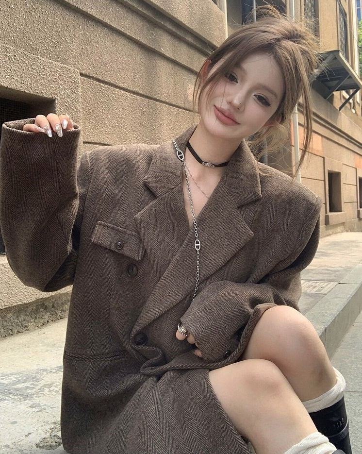 Coffee Brown Chic Autumn Winter Woolen Herringbone Jacket