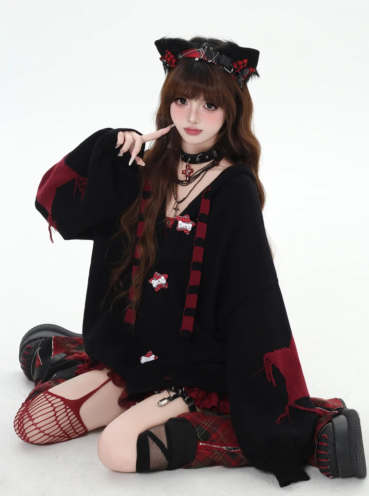 Crazy Girl Yabi Star Red Black Rabbit Ears Jacket Hoodie