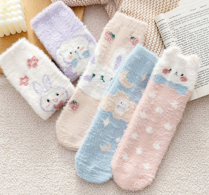 Faux Mink Velvet Cute Rabbit Pastel Winter Socks 5 Patterns Pairs Sets