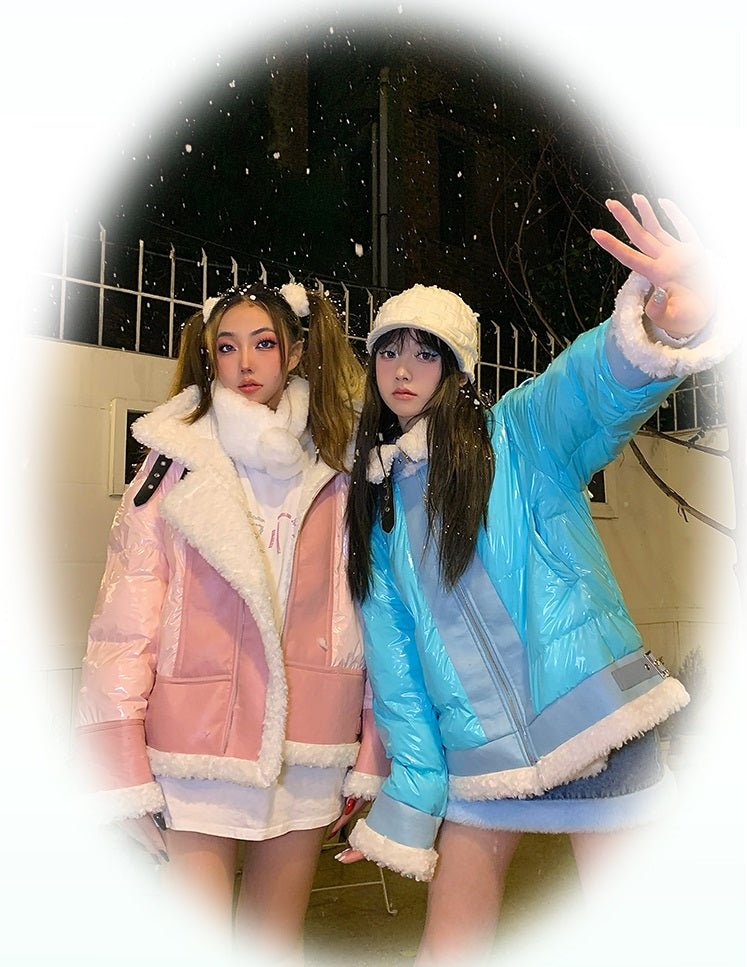 Y2K White Plush Devil Wings Pink Winter Jacket