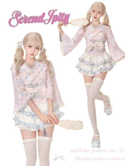 Serendipity Showa Story Pink Kimono Top & Skirt Two Piece Set