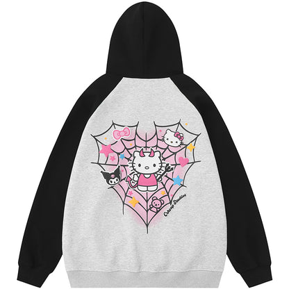 Kitty Cat Spider Web Y2K Pink Black Cartoon Print Sweatshirt Hoodie