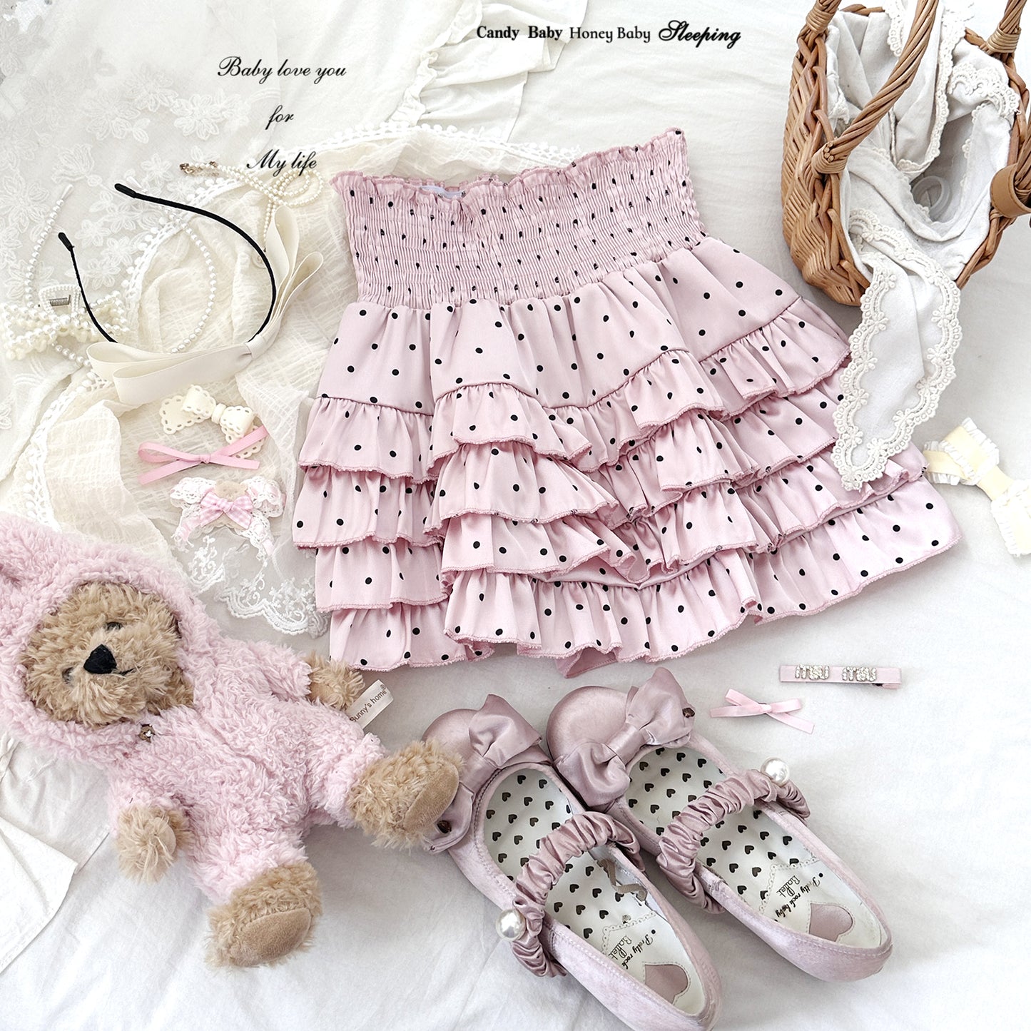 Dormir Doll Satin Doll Polka Dot Pink White Camisole & Skirt Two Piece