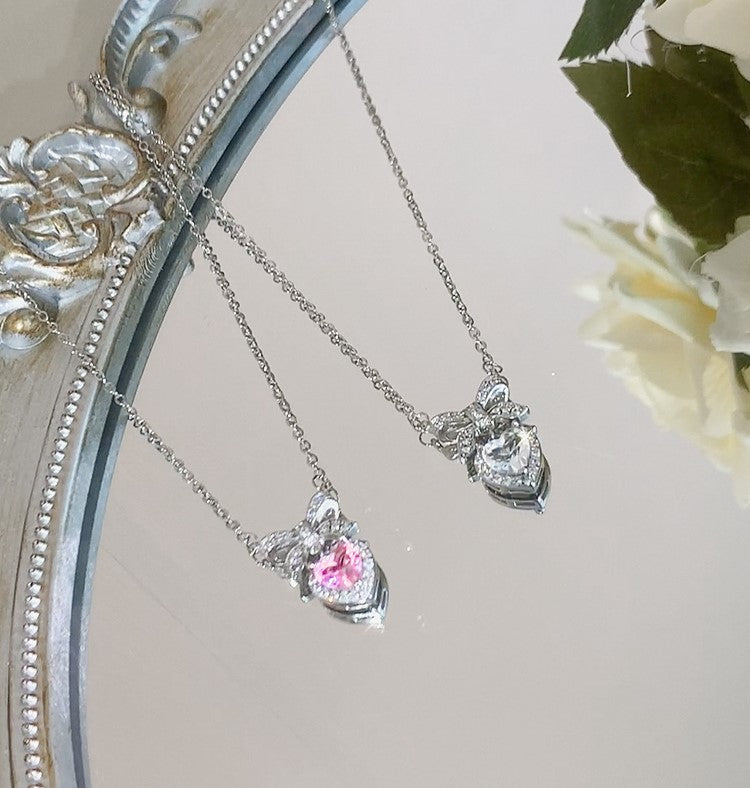 Luxury Pink & Silver Heart Diamond Frame Bow Pendant Necklace