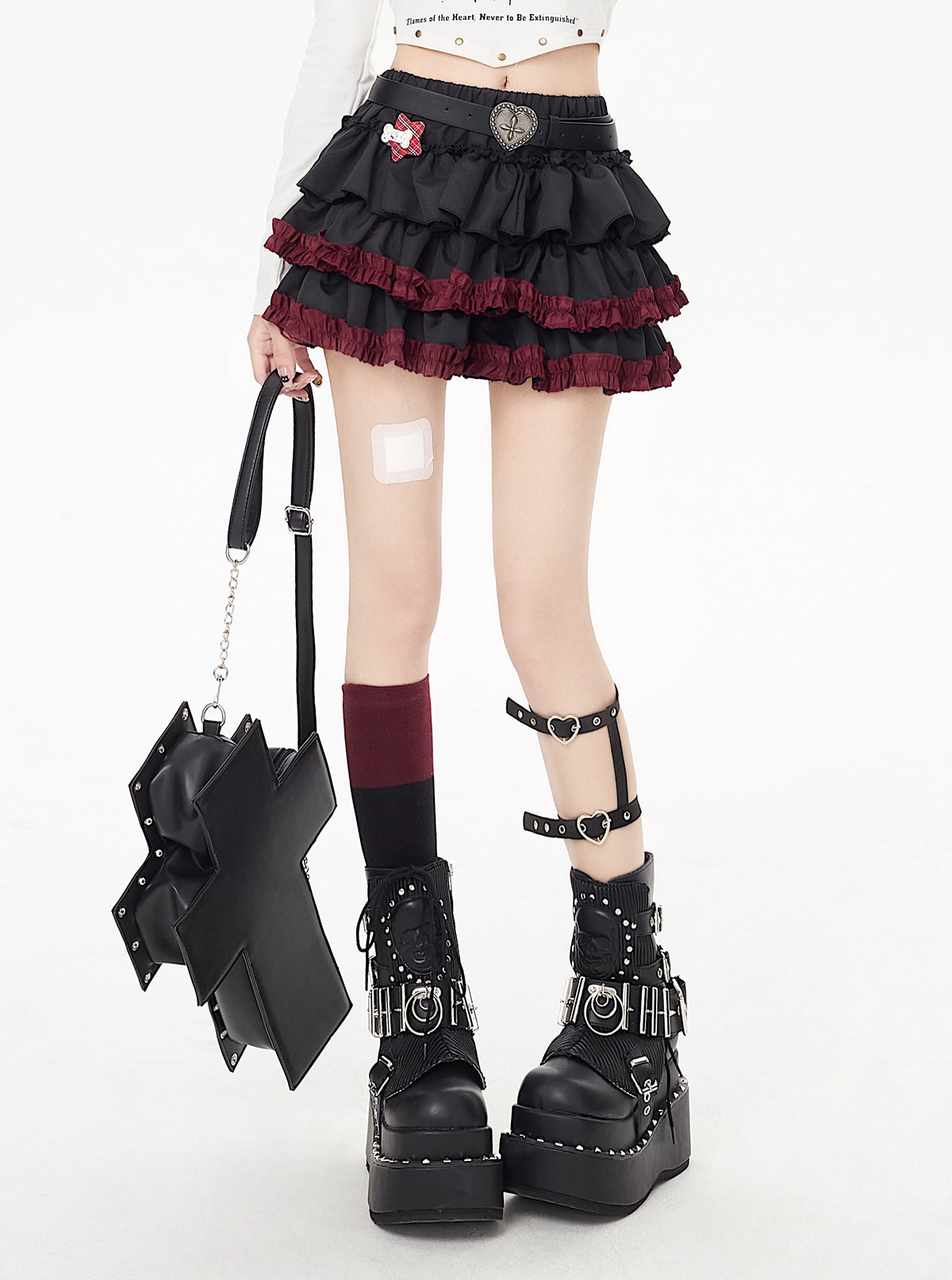 Crazy Girl Dark Abby Punk Red Black Ruffle Short Skirt