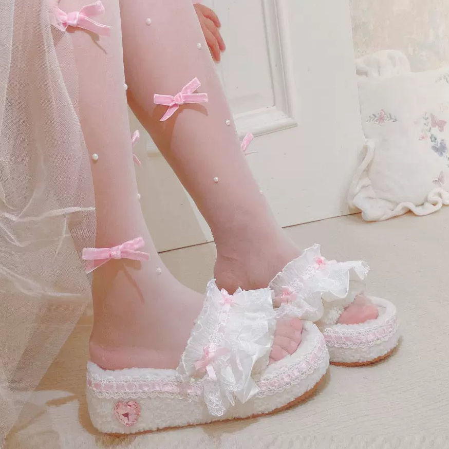 Pinky Sweet Winter White Plush Thick Soles Sandals Slippers Shoes