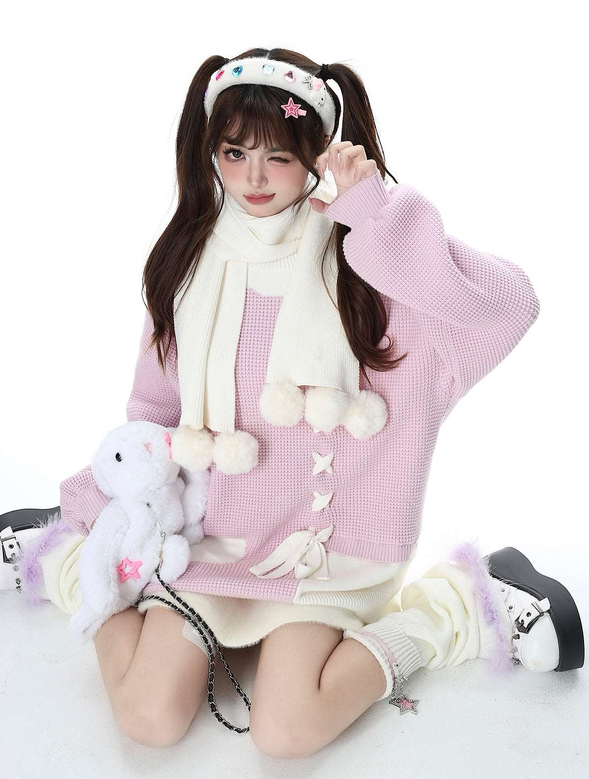 Crazy Girl Sweet Girl Knit Love Soft Pink Black With Scarf Sweater