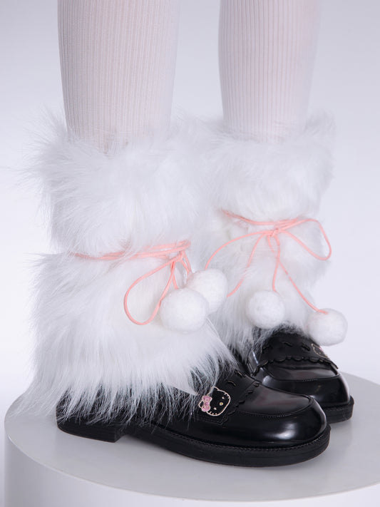 Y2K White Fur Pink Pompom Balls Knit Leg Warmers