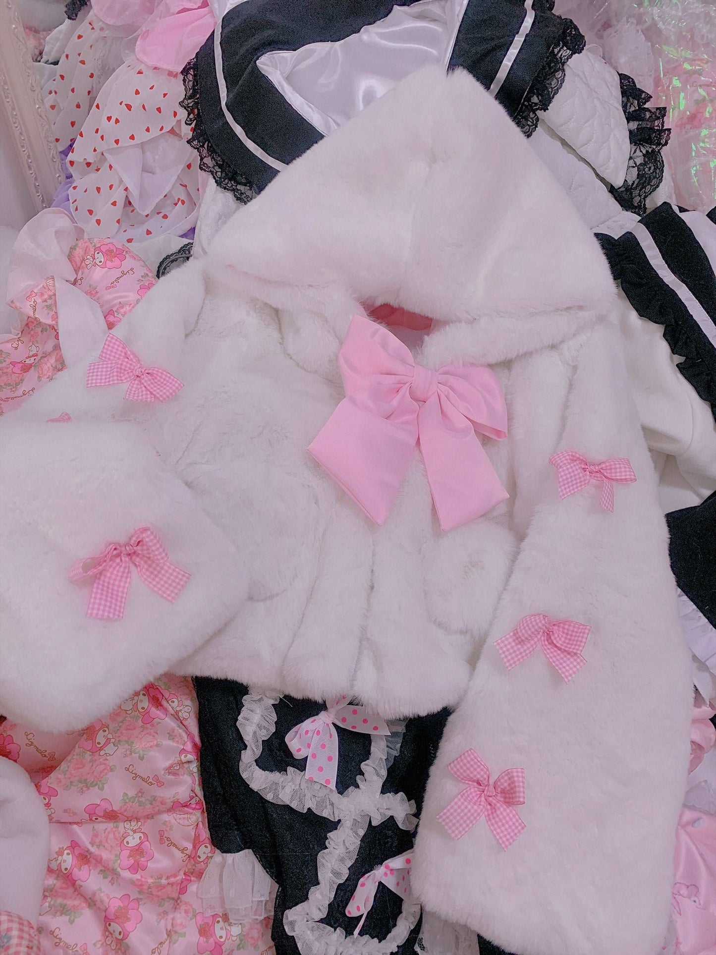 Candy Fairy Cute Pink Bow Snow White Plush Thick Winter Hooded Jacket