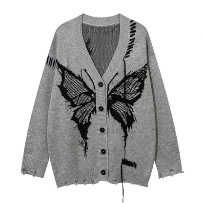 Young Eyes Art Student Butterfly Pink Black Gray Knit Cardigan