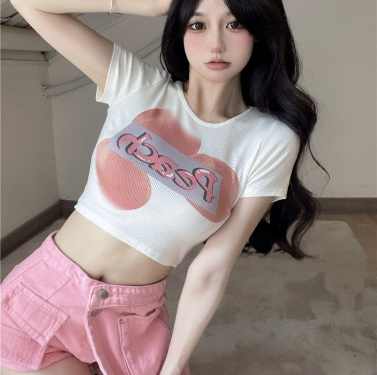 Sexy Girl White Pink Peaches High Waist T-shirt Top