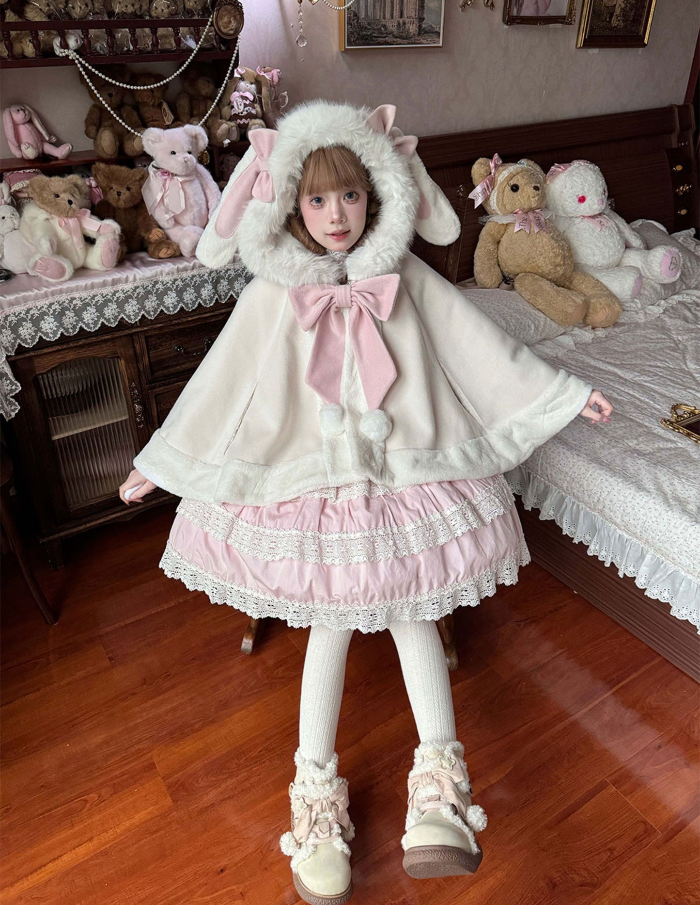 Lolita Kitten Calls Car Ears & Rabbit Ears White Pink Jacket Cape Cloak