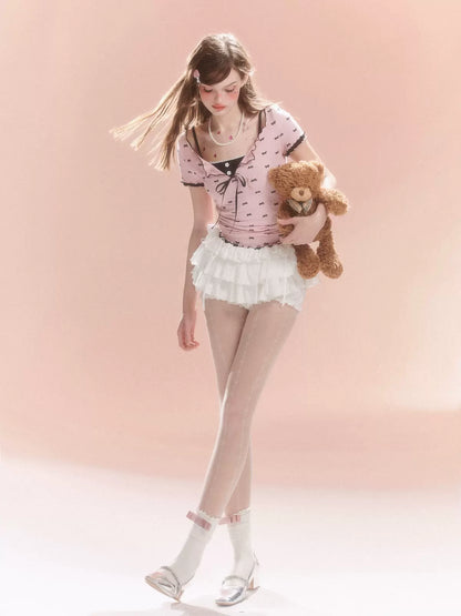 Young Eyes Sweet Bow White Pink Gray Shirt Camisole Two Piece Set